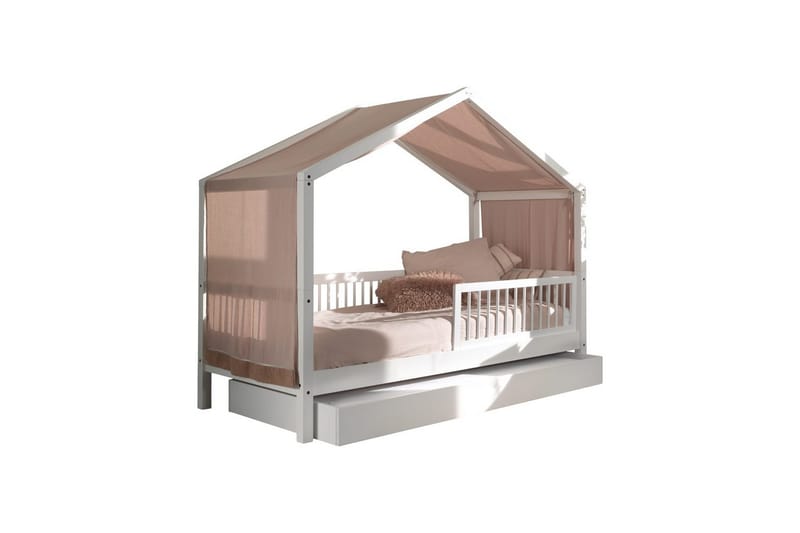 HouseBed med skuffe, sikkerhedsskinne og tekstilsæt Forrest Hvid, Hvid