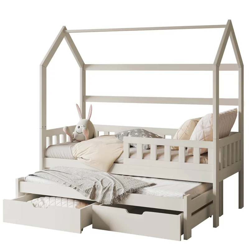 Majbelle sengeramme husseng 90x200 cm med opbevaring og ekstra liggeplads, beige