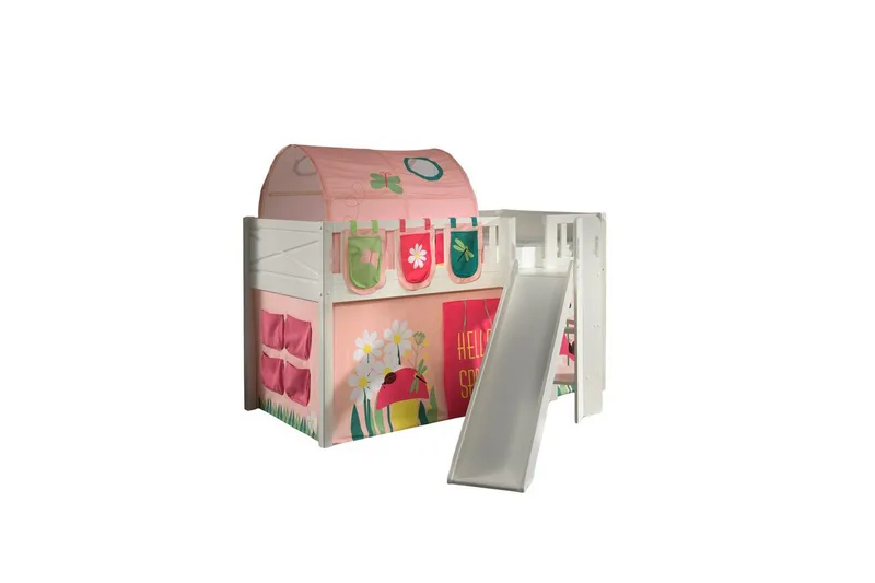 Mellemhøj seng med rutsjebane og matchende tekstilsæt (legetæppe, tunnel og opbevaringslommer) Scott Forår - Forår - Møbler - Børnemøbler - Børneseng & juniorseng - Højseng børn