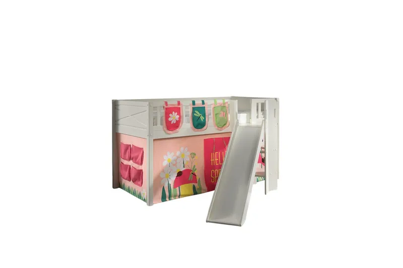 Mellemhøj seng med rutsjebane og matchende tekstilsæt (legetæppe og opbevaringslommer) Scott Forår - Forår - Møbler - Børnemøbler - Børneseng & juniorseng - Højseng børn