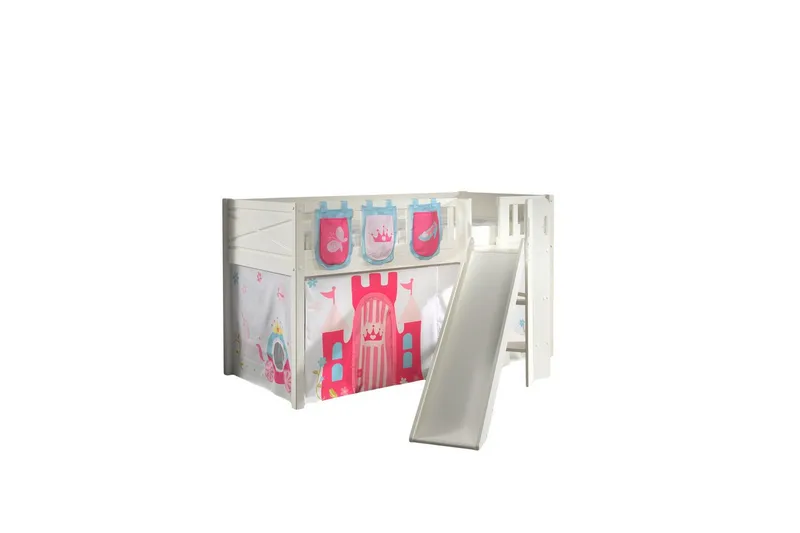 Mellemhøj seng med rutsjebane og matchende tekstilsæt (legetæppe og opbevaringslommer) Scott Prinsesse - Prinsesse - Møbler - Børnemøbler - Børneseng & juniorseng - Højseng børn