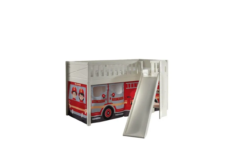Mellemhøj seng med rutsjebane og matchende tekstilsæt (legetæppe) Scott Brandbil, Brandbil
