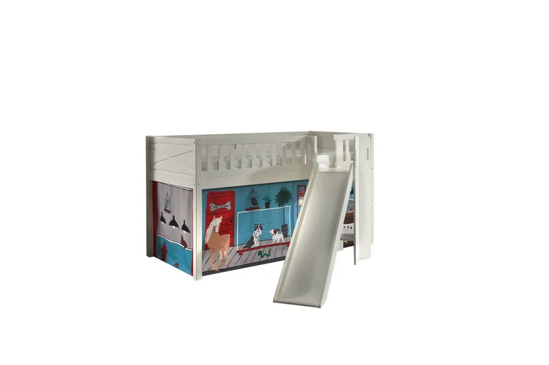 Mellemhøj seng med rutsjebane og matchende tekstilsæt (legetæppe) Scott Dyrehandel, Dyrehandel