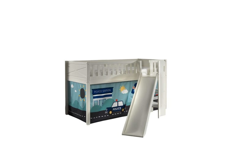 Mellemhøj seng med rutsjebane og matchende tekstilsæt (legetæppe) Scott Politi - Politi - Møbler - Børnemøbler - Børneseng & juniorseng - Højseng børn