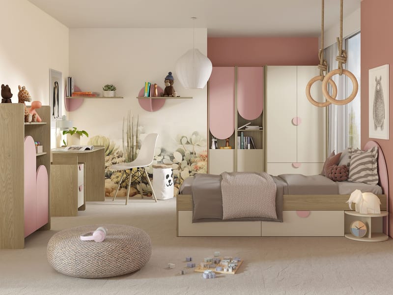 Zarek Soveværelsesmøbelsæt - Brun, beige og pink - Møbler - Børnemøbler - Opbevaring børneværelse - Børneskab