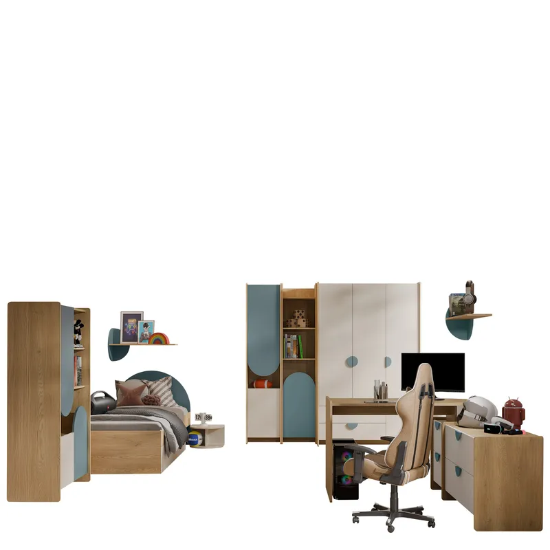 Zarek Soveværelsesmøbelsæt, brun, beige og blå