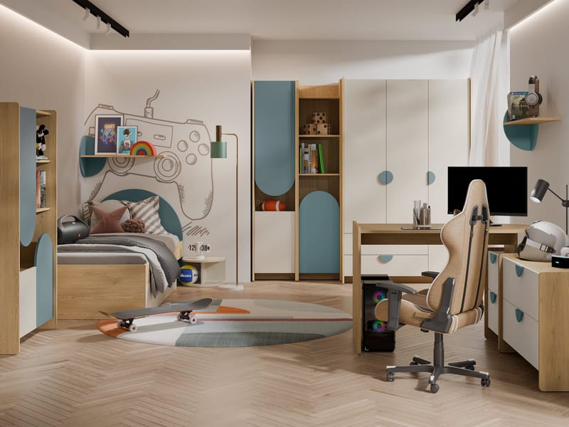 Zarek Soveværelsesmøbelsæt - brun, beige og blå - Møbler - Børnemøbler - Børnemøbelsæt