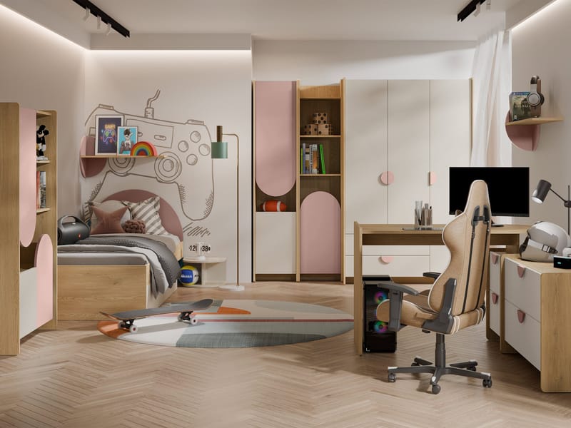 Zarek Soveværelsesmøbelsæt - brun, beige og pink - Møbler - Børnemøbler - Børnemøbelsæt