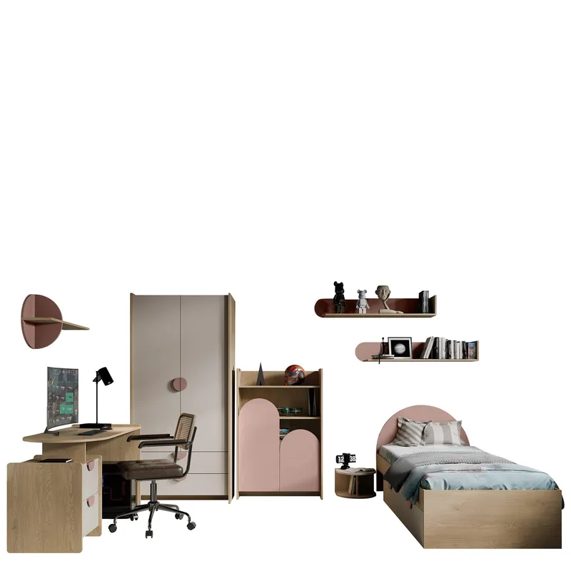Zarek Soveværelsesmøbelsæt, brun, beige og pink