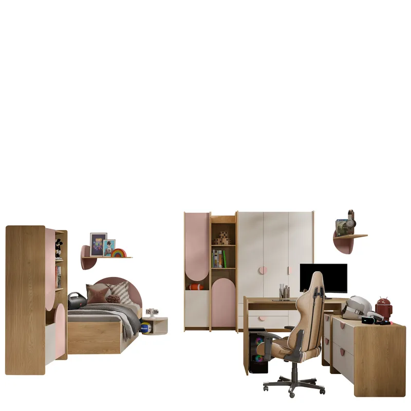 Zarek Soveværelsesmøbelsæt, brun, beige og pink