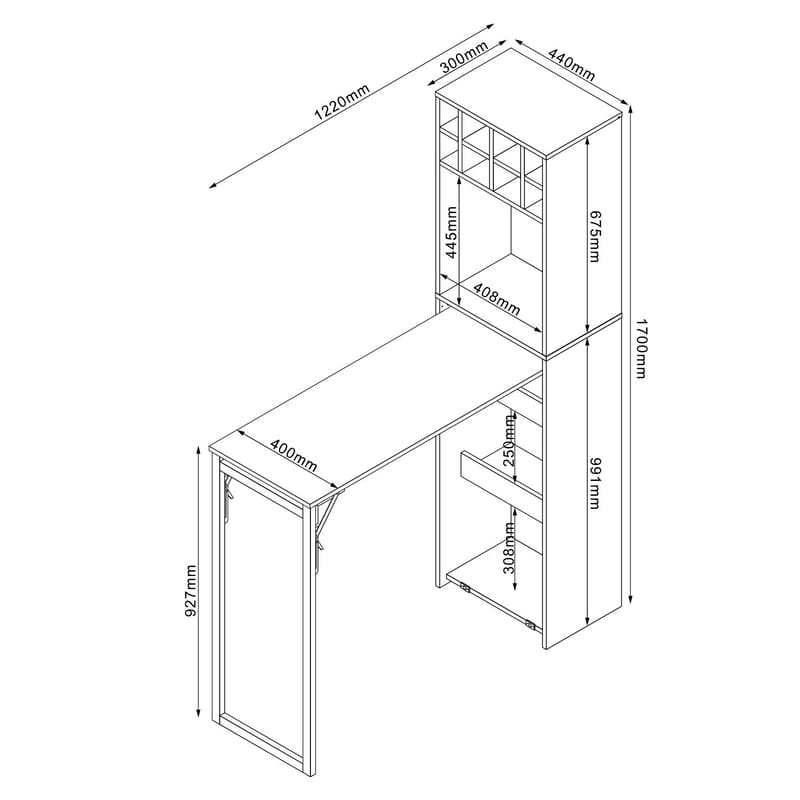 Barreol med bord HOME4YOU Hannes 44x122(30)x170 cm rustik melamin - Lyst rustikt træ / sort - Møbler - Borde