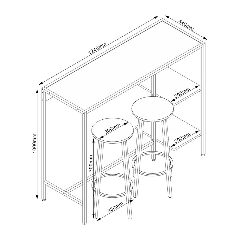 Barsæt HOME4YOU Hedvig bord og 2 barstole ask/sort - Ask/sort - Møbler - Borde