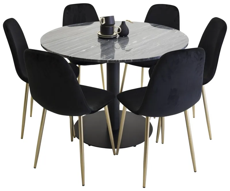 Admira Spisebord 106 cm Rundt i marmor med 6 Polar Køkkenstole i velour