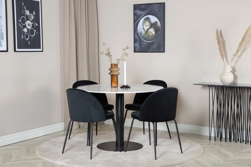Admira Spisebordssæt 106 cm Rund inkl 4 Foyos Stole - Marmor/Hvid/Sort - Møbler - Borde - Spisebordssæt