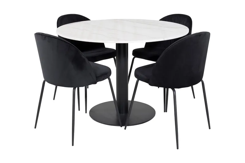 Admira Spisebordssæt 106 cm Rund inkl 4 Foyos Stole, Marmor/Hvid/Sort