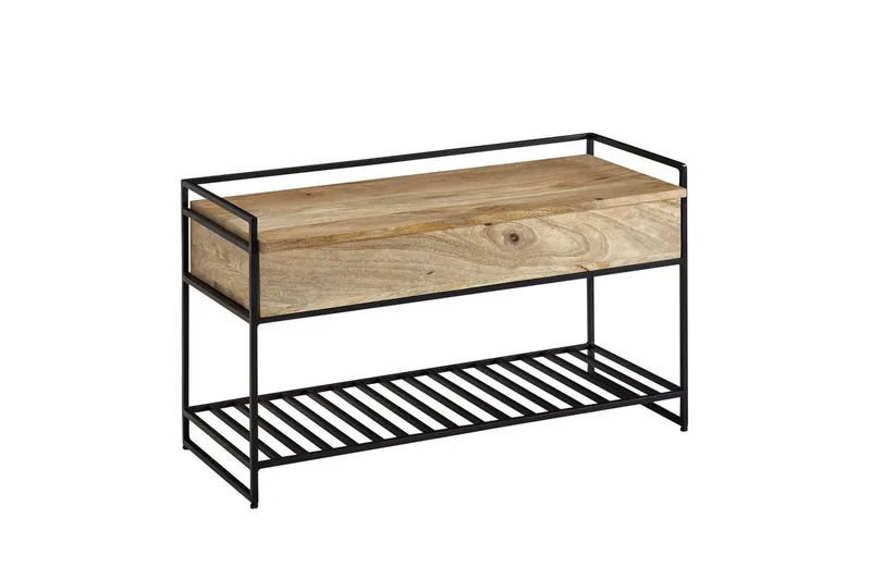 Bænk Wohnling industrielt look med stor opbevaringsplads i massivt træ og åben skohylde Beige, Beige