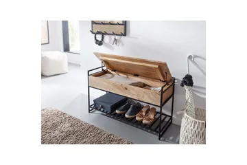 Bænk Wohnling industrielt look med stor opbevaringsplads i massivt træ og åben skohylde Beige - Beige - Møbler - Borde - Aflastningsbord - Lampebord