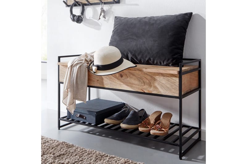 Bænk Wohnling industrielt look med stor opbevaringsplads i massivt træ og åben skohylde Beige - Beige - Møbler - Borde - Aflastningsbord - Lampebord