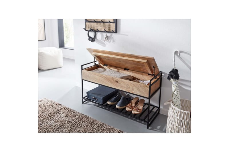 Bænk Wohnling industrielt look med stor opbevaringsplads i massivt træ og åben skohylde Beige - Beige - Møbler - Borde - Aflastningsbord - Lampebord