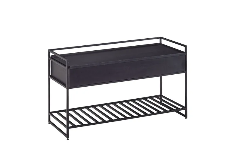 Bænk Wohnling industrielt look med stor opbevaringsplads i massivt træ og åben skohylde Sort, Sort