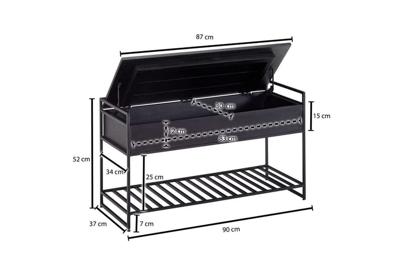 Bænk Wohnling industrielt look med stor opbevaringsplads i massivt træ og åben skohylde Sort - Sort - Møbler - Borde - Aflastningsbord - Lampebord
