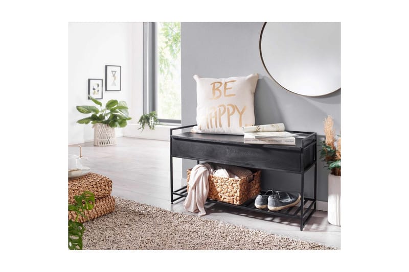 Bænk Wohnling industrielt look med stor opbevaringsplads i massivt træ og åben skohylde Sort - Sort - Møbler - Borde - Aflastningsbord - Lampebord