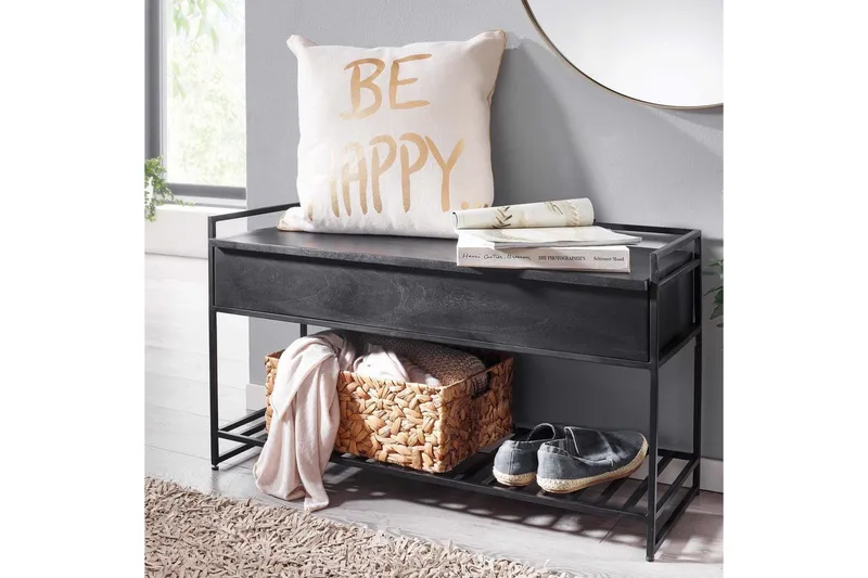 Bænk Wohnling industrielt look med stor opbevaringsplads i massivt træ og åben skohylde Sort - Sort - Møbler - Borde - Aflastningsbord - Lampebord