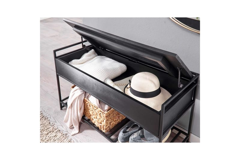 Bænk Wohnling industrielt look med stor opbevaringsplads i massivt træ og åben skohylde Sort - Sort - Møbler - Borde - Aflastningsbord - Lampebord