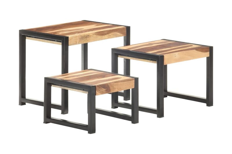 indskudsborde 3 dele massivt træ med sheeshamfinish - Brun - Møbler - Borde - Aflastningsbord - Bakkebord & små borde
