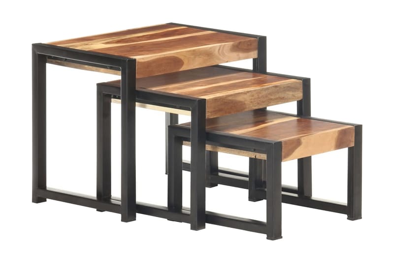 indskudsborde 3 dele massivt træ med sheeshamfinish - Brun - Møbler - Borde - Aflastningsbord - Bakkebord & små borde