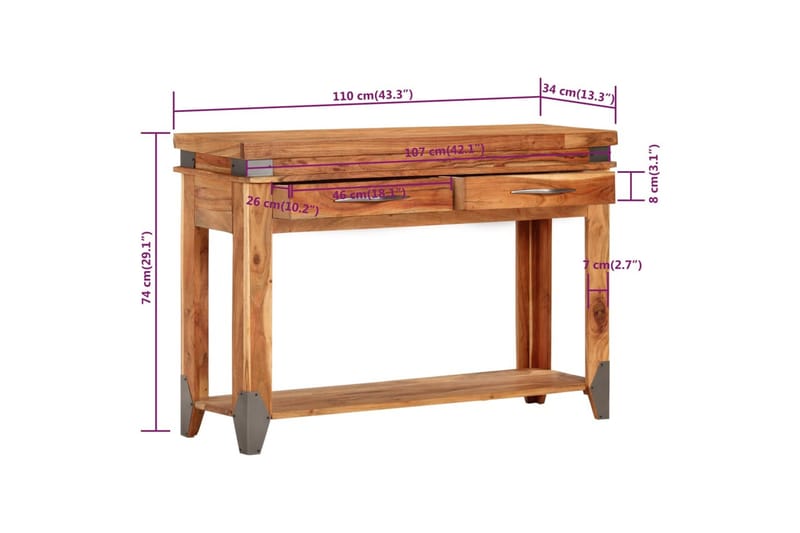 beBasic konsolbord 110x34x74 cm massivt akacietræ - Brun - Møbler - Borde - Aflastningsbord - Sengebord