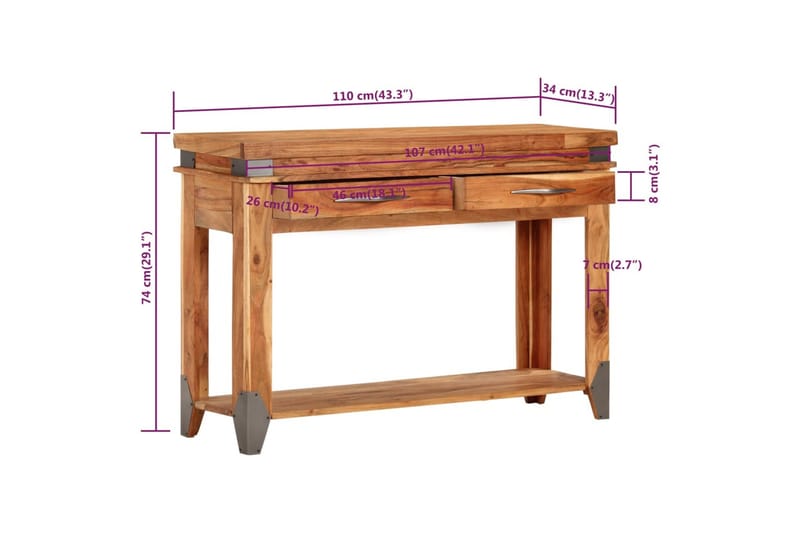 beBasic konsolbord 110x34x74 cm massivt akacietræ - Brun - Sengebord