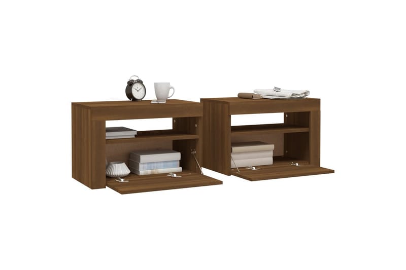 beBasic sengeborde 2 stk. 60x35x40 cm med LED-lys brun egetræsfarve - Brun - Møbler - Borde - Aflastningsbord - Sengebord