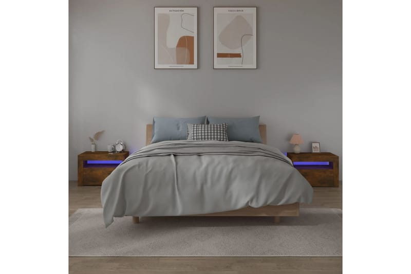 beBasic sengeborde 2 stk. 60x35x40 cm med LED-lys røget egetræsfarve - Brun - Møbler - Borde - Aflastningsbord - Sengebord
