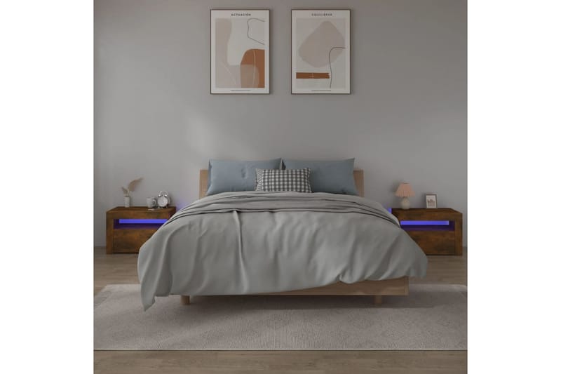 beBasic sengeborde 2 stk. 60x35x40 cm med LED-lys røget egetræsfarve - Brun - Sengebord