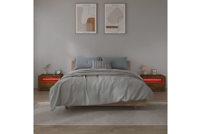 beBasic sengeborde 2 stk. 60x35x40 cm med LED-lys røget egetræsfarve - Brun - Møbler - Borde - Aflastningsbord - Sengebord