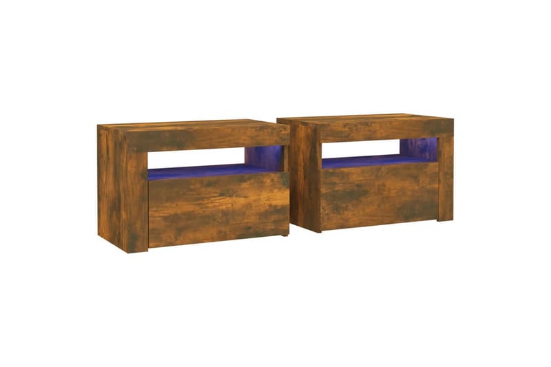 beBasic sengeborde 2 stk. 60x35x40 cm med LED-lys røget egetræsfarve - Brun - Møbler - Borde - Aflastningsbord - Sengebord