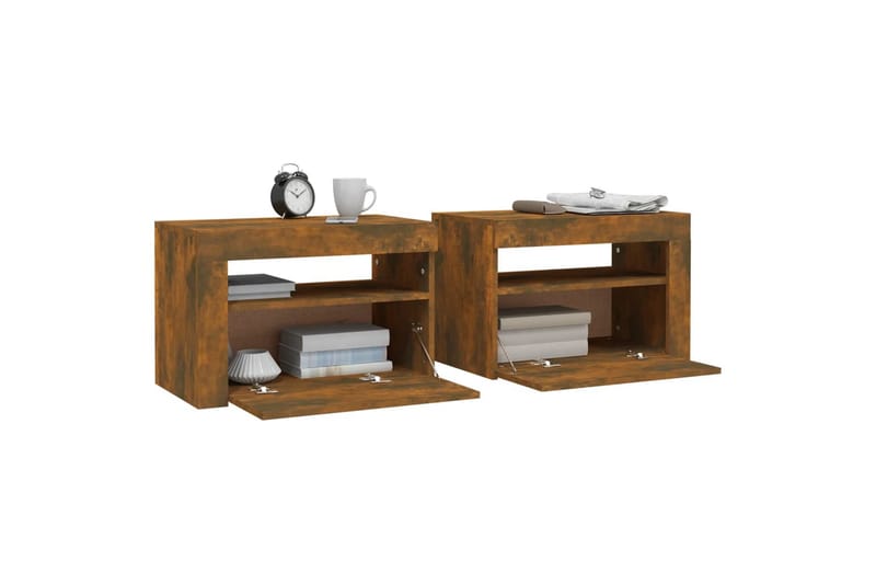 beBasic sengeborde 2 stk. 60x35x40 cm med LED-lys røget egetræsfarve - Brun - Møbler - Borde - Aflastningsbord - Sengebord