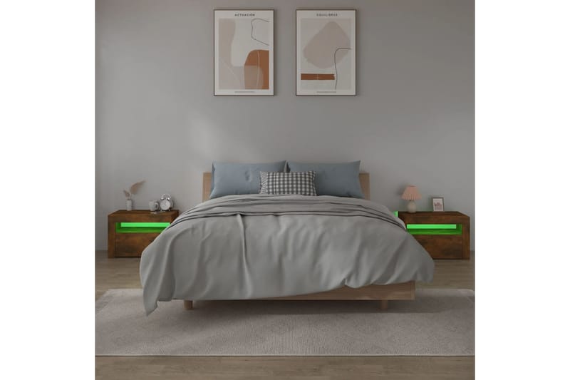 beBasic sengeborde 2 stk. 60x35x40 cm med LED-lys røget egetræsfarve - Brun - Møbler - Borde - Aflastningsbord - Sengebord