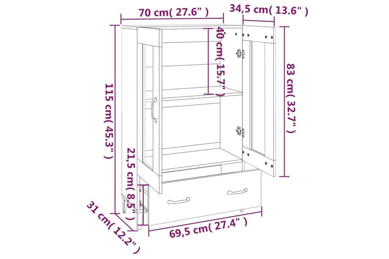 beBasic skab 70x31x115 cm konstrueret træ brun egetræ - Brun - Lampebord - Bakkebord & små borde