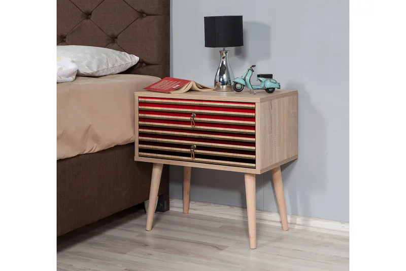 Brokind Sengebord 60 cm med Opbevaring 2 Skuffer Striber - Natur/Rød - Møbler - Borde - Aflastningsbord - Sengebord