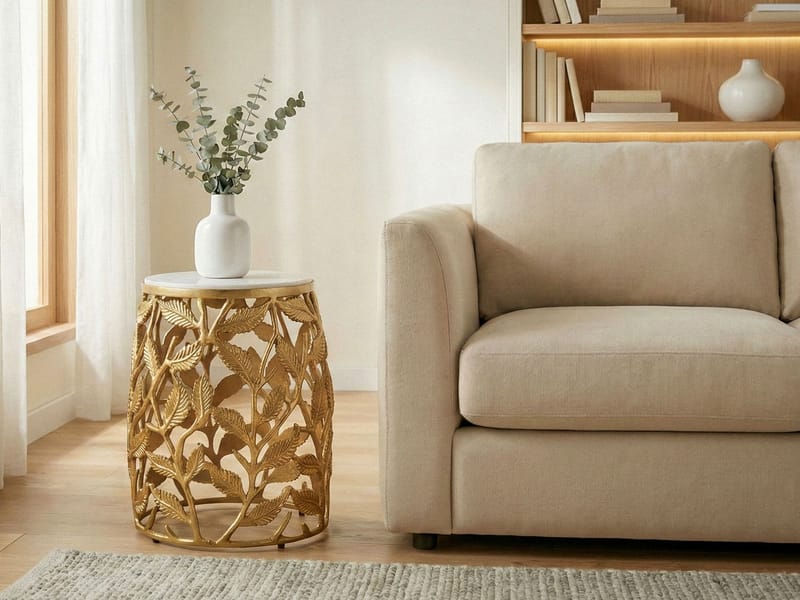 Ceron rundt sidebord 40 cm med marmorplade - hvid guld - Møbler - Borde - Aflastningsbord - Lampebord