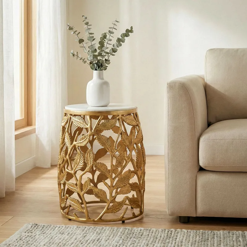 Ceron rundt sidebord 40 cm med marmorplade - hvid guld - Møbler - Borde - Aflastningsbord - Lampebord
