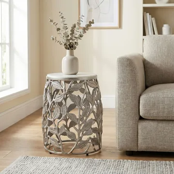 Ceron rundt sidebord 40 cm med marmorplade - hvid sølv - Møbler - Borde - Aflastningsbord - Lampebord