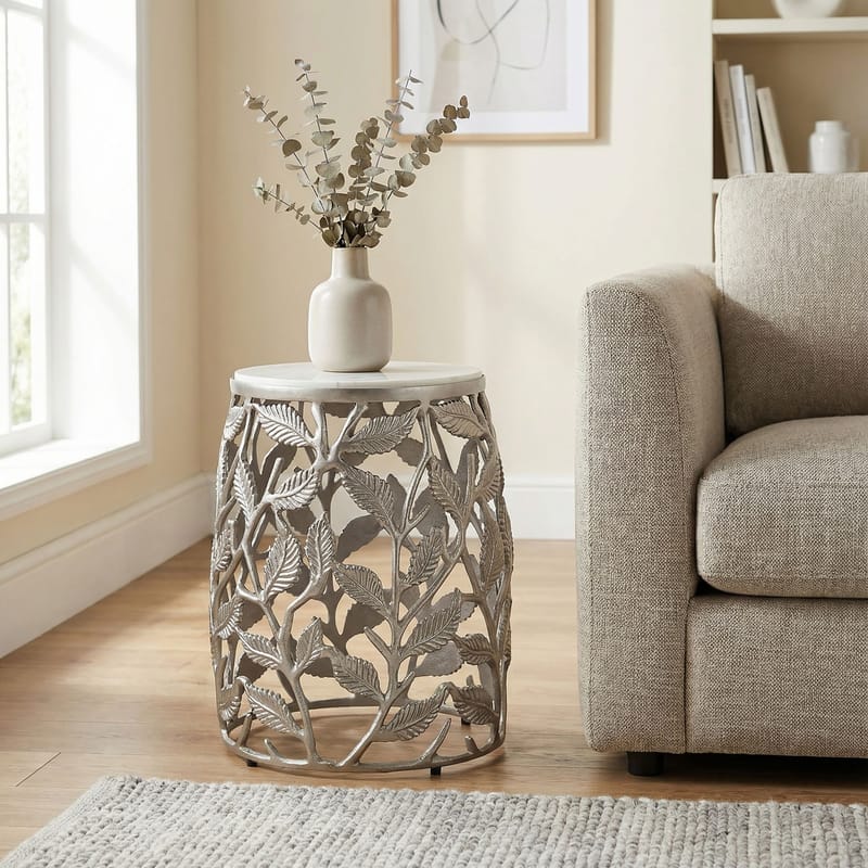 Ceron rundt sidebord 40 cm med marmorplade - hvid sølv - Møbler - Borde - Aflastningsbord - Lampebord