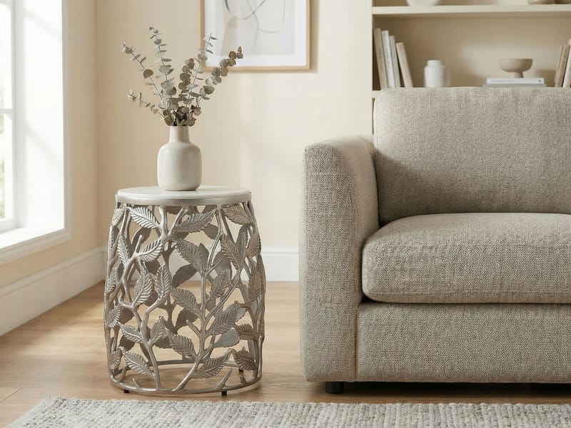 Ceron rundt sidebord 40 cm med marmorplade - hvid sølv - Møbler - Borde - Aflastningsbord - Lampebord