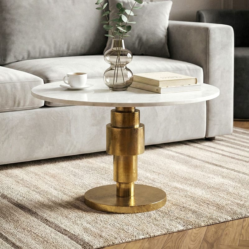 Dorlen rundt sofabord i aluminium med marmorplade - hvid og guld - Møbler - Borde - Aflastningsbord - Konsolbord & sidebord