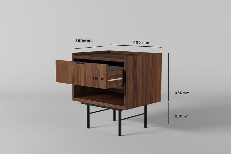 Dravo Sengebord 40 cm - Warmia valnød med sorte metalben - Møbler - Borde - Aflastningsbord - Sengebord