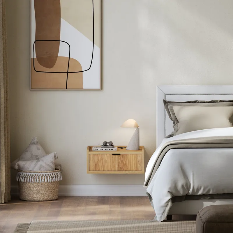 Dravo Væghængt Sengebord 40 cm - Naturlig hickory / naturlig egetræstone - Møbler - Borde - Aflastningsbord - Sengebord