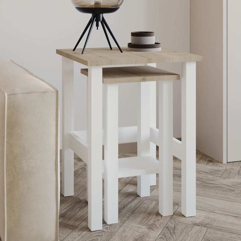 Ginallie Sidebord sæt 45x60 cm - Hvid og safir-eg - Møbler - Borde - Aflastningsbord - Lampebord